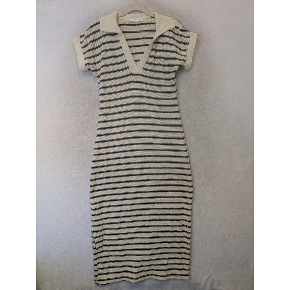 MNG Mango Polo Dress Women's 4 Cream Navy‎ Blue Striped Knit V-Neck Midi